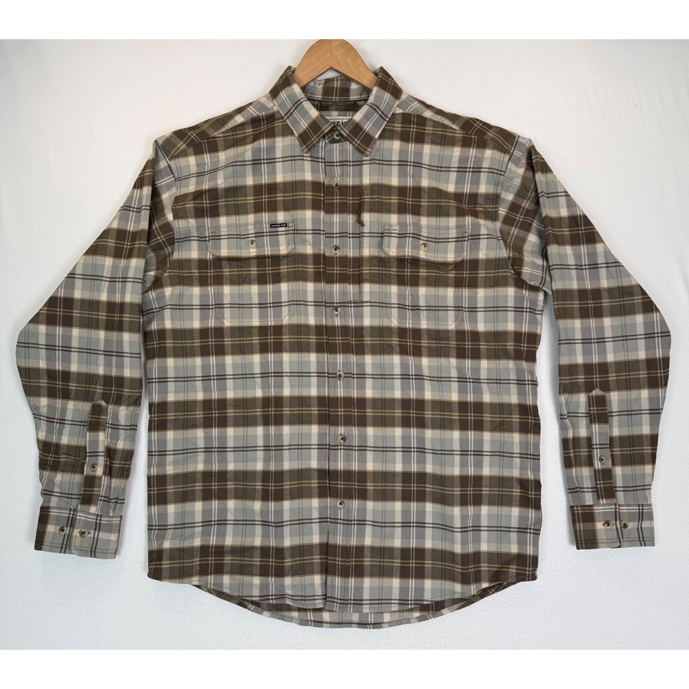 Poncho Brown/Gray Plaid Flannel Button-Down Shirt Regular Fit Long Sleeve Sz L